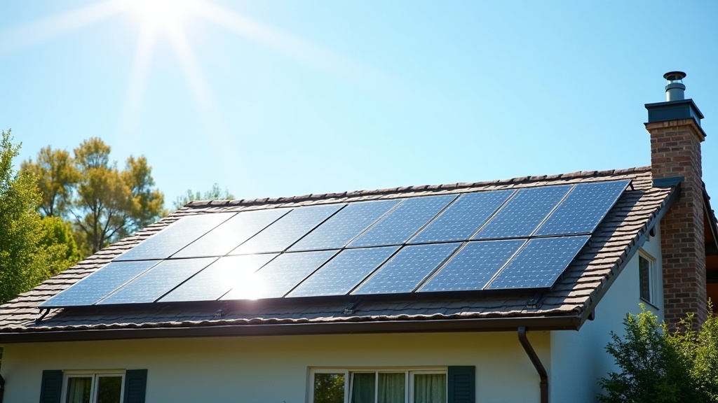 Sun shining on house rooftop with installed solar panels
